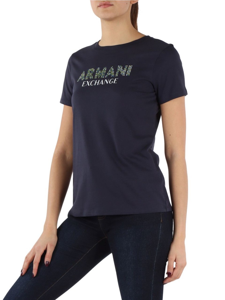 Donna ARMANI EXCHANGE | T-Shirt In Cotone Con Scritta Logo Frontale Blu Scuro