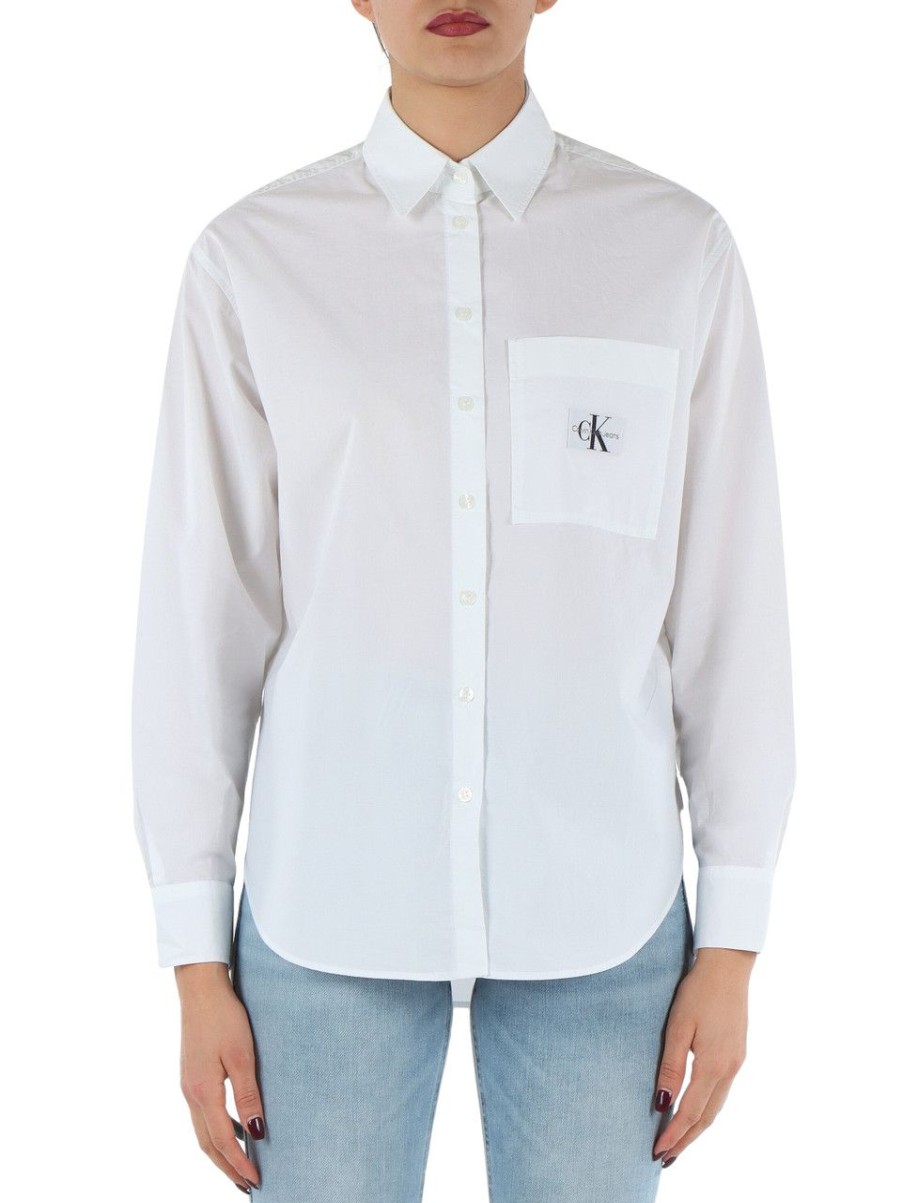 Donna CALVIN KLEIN JEANS | Camicia In Cotone Con Patch Logo Frontale Bianco