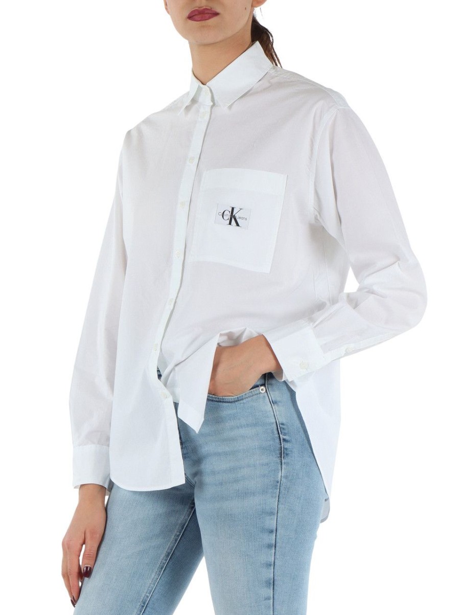 Donna CALVIN KLEIN JEANS | Camicia In Cotone Con Patch Logo Frontale Bianco