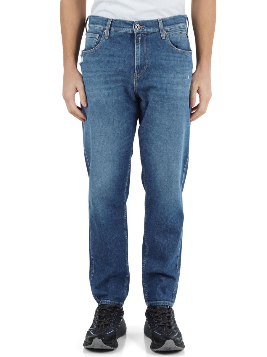 Uomo REPLAY | Pantalone Jeans Cinque Tasche Sandot Relax Tapered Fit Blu Chiaro