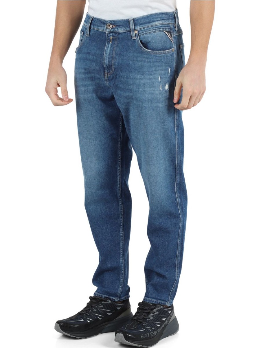 Uomo REPLAY | Pantalone Jeans Cinque Tasche Sandot Relax Tapered Fit Blu Chiaro