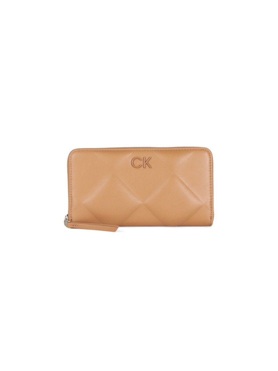 Donna CALVIN KLEIN | Portafoglio Effetto Trapuntato Con Placca Logo Beige