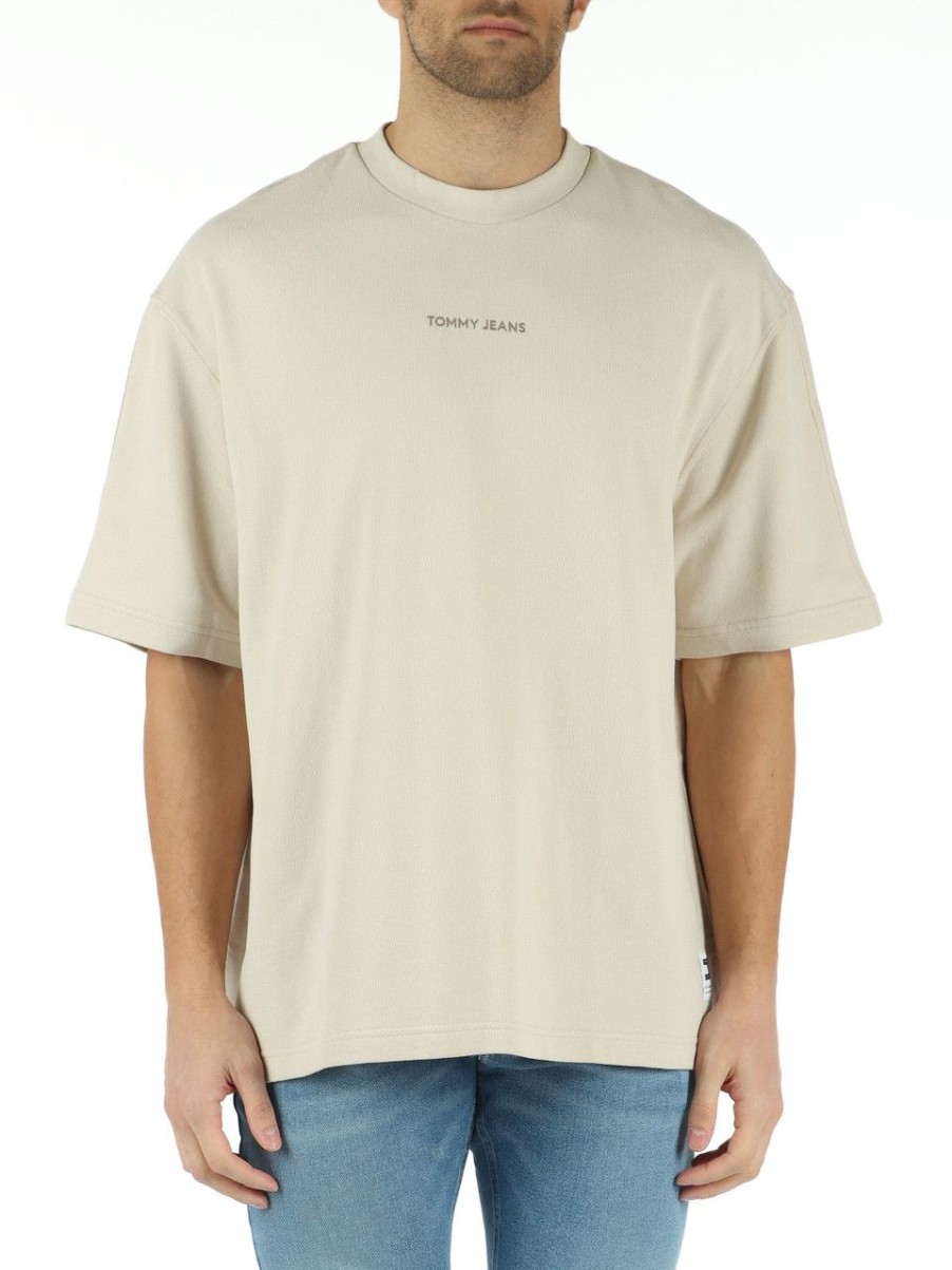 Uomo TOMMY JEANS | T-Shirt In Cotone Garzato Con Ricamo Logo Beige