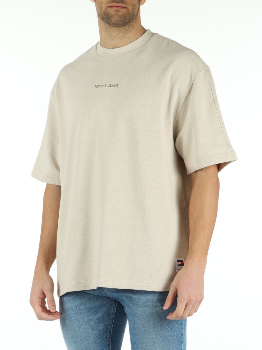 Uomo TOMMY JEANS | T-Shirt In Cotone Garzato Con Ricamo Logo Beige