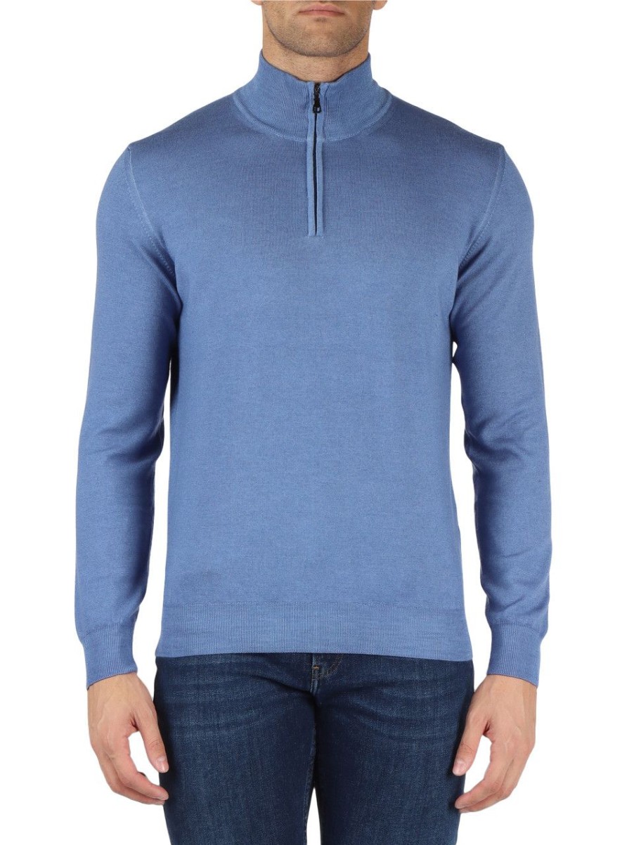 Uomo FAMA | Luxury: Maglia In Lana Merino Extrafine Con Zip Al Collo Azzurro