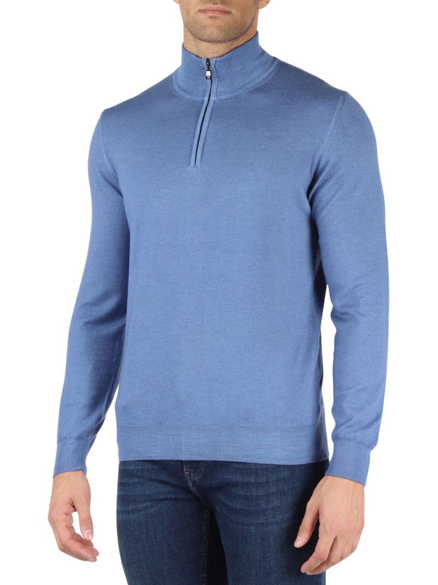 Uomo FAMA | Luxury: Maglia In Lana Merino Extrafine Con Zip Al Collo Azzurro