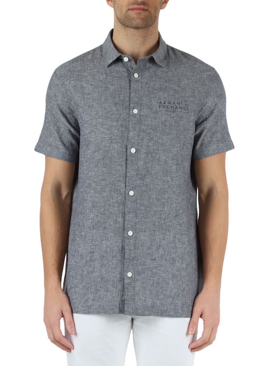 Uomo ARMANI EXCHANGE | Camicia In Lino E Cotone Con Scritta Logo Blu