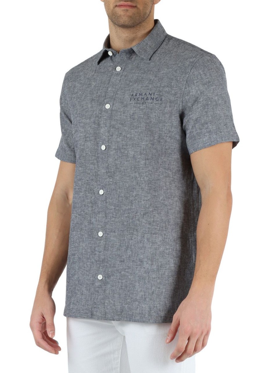 Uomo ARMANI EXCHANGE | Camicia In Lino E Cotone Con Scritta Logo Blu