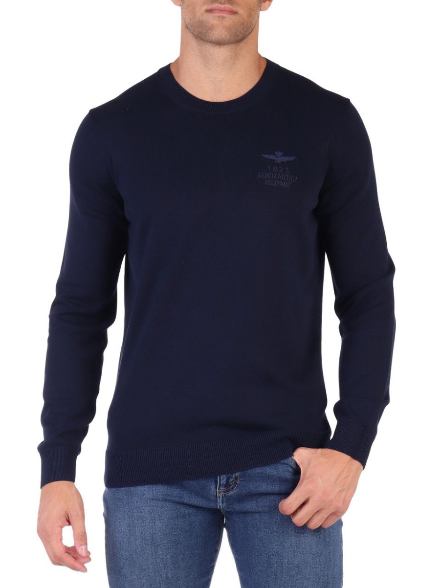 Uomo AERONAUTICA MILITARE | Maglia Girocollo In Cotone Con Ricamo Logo Frontale Blu