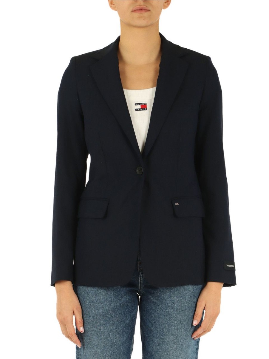 Donna TOMMY HILFIGER | Blazer In Misto Viscosa Con Placca Logo Blu Scuro