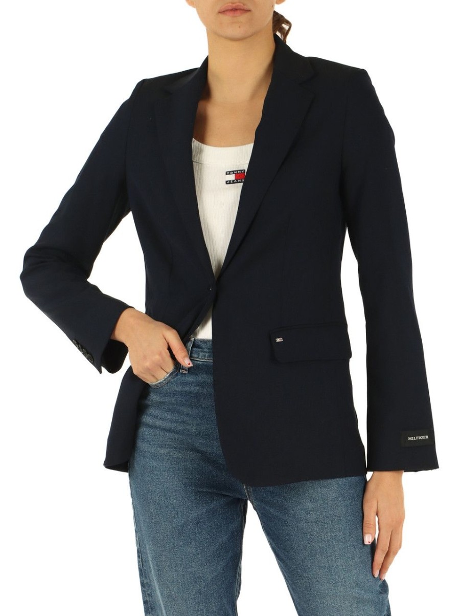 Donna TOMMY HILFIGER | Blazer In Misto Viscosa Con Placca Logo Blu Scuro