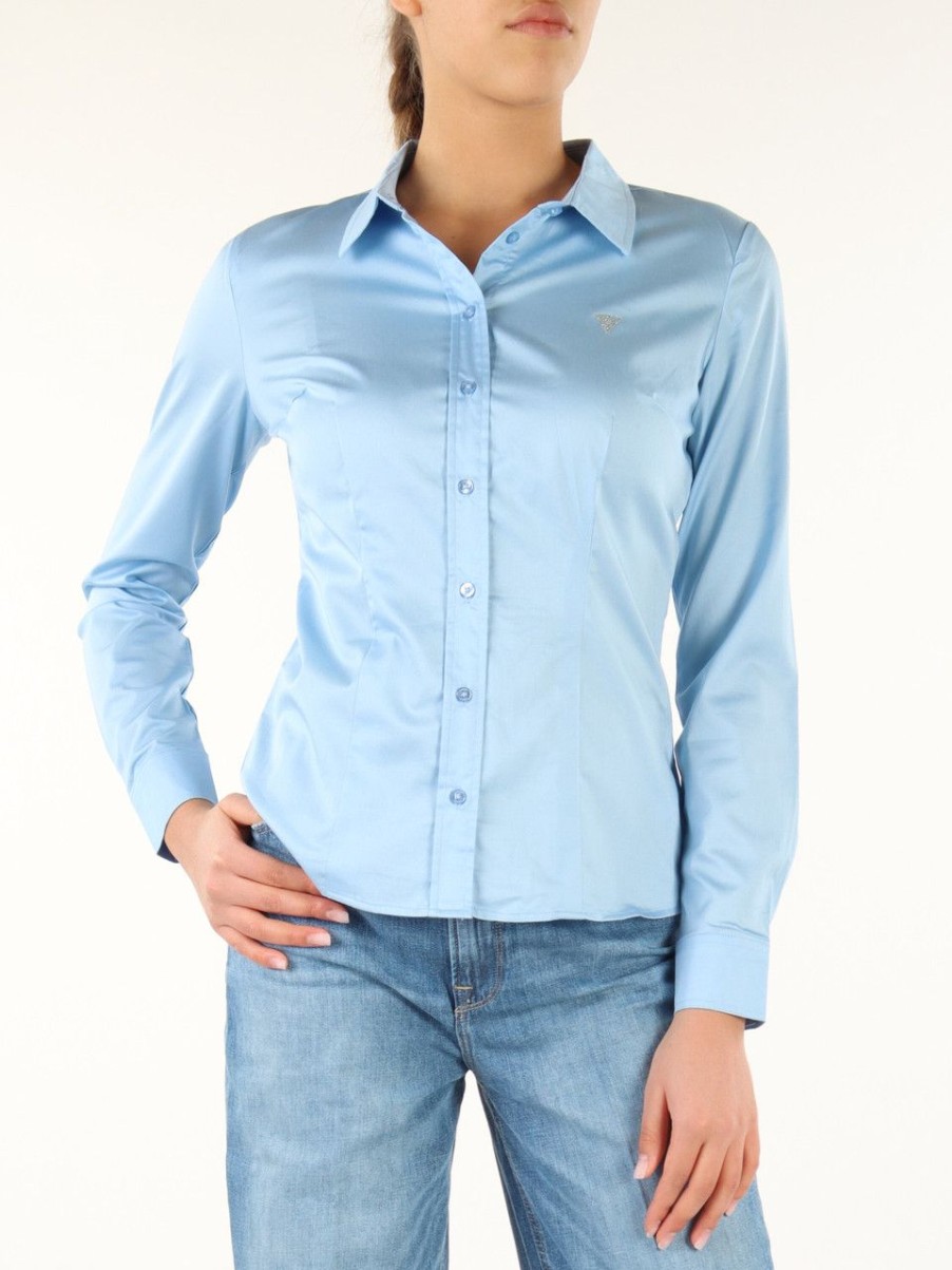 Donna GUESS | Camicia In Cotone Stretch Con Logo In Strass Celeste