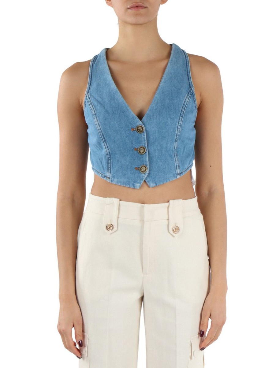 Donna TWINSET | Gilet Cropped In Denim Blu