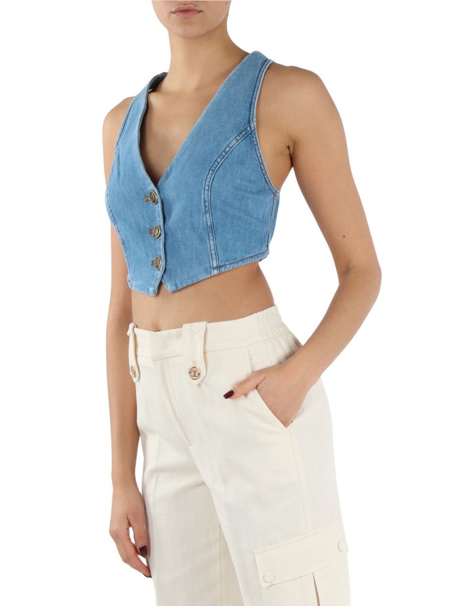 Donna TWINSET | Gilet Cropped In Denim Blu