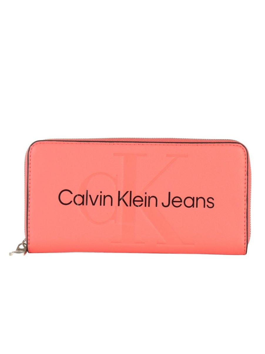 Donna CALVIN KLEIN JEANS | Portafoglio In Ecopelle Con Scritta Logo Frontale Rosso Chiaro