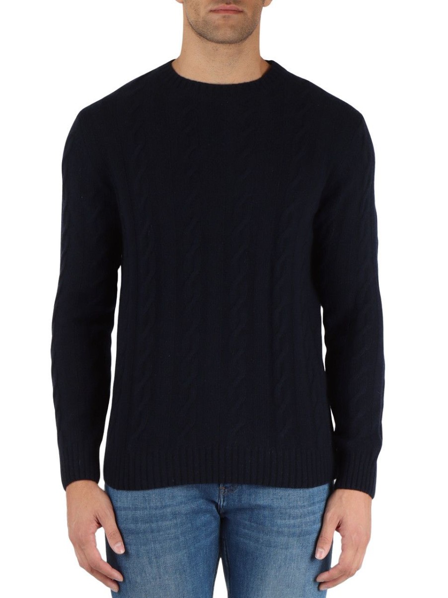 Uomo REFABRICS | Maglia Girocollo A Trecce In Cashmere Blu Scuro