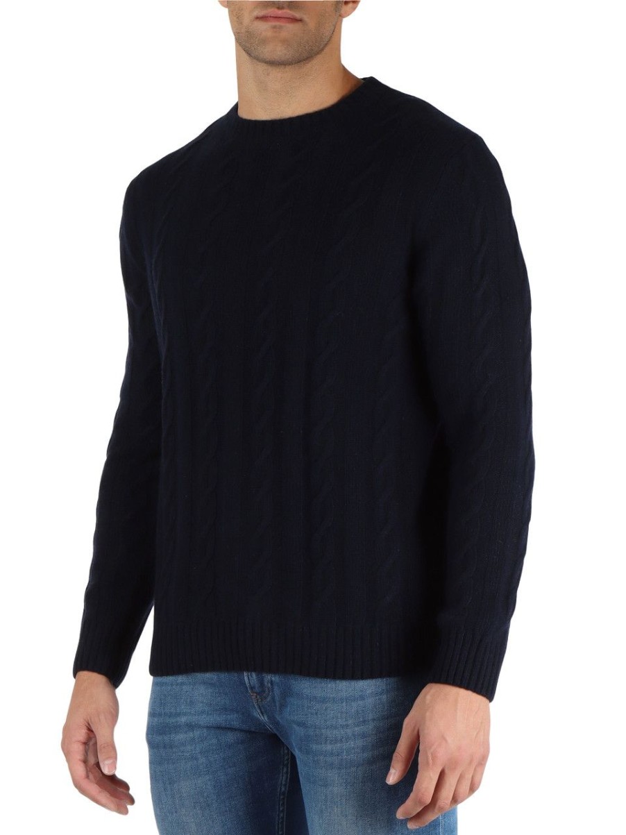 Uomo REFABRICS | Maglia Girocollo A Trecce In Cashmere Blu Scuro