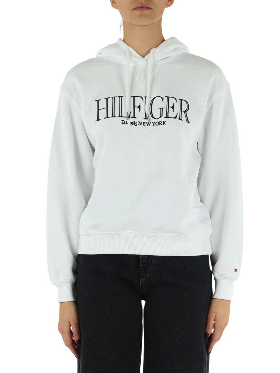 Donna TOMMY HILFIGER | Felpa In Cotone Garzato Con Cappuccio E Ricamo Logo Bianco