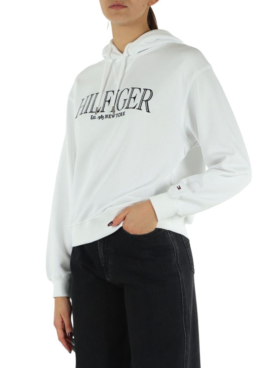 Donna TOMMY HILFIGER | Felpa In Cotone Garzato Con Cappuccio E Ricamo Logo Bianco