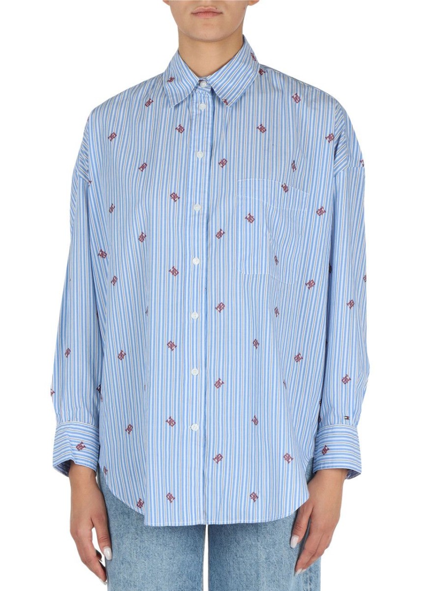 Donna TOMMY HILFIGER | Camicia Oversize In Cotone Con Stampa Logo Blu Chiaro