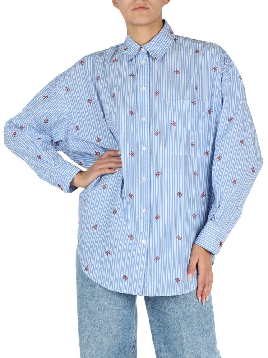 Donna TOMMY HILFIGER | Camicia Oversize In Cotone Con Stampa Logo Blu Chiaro