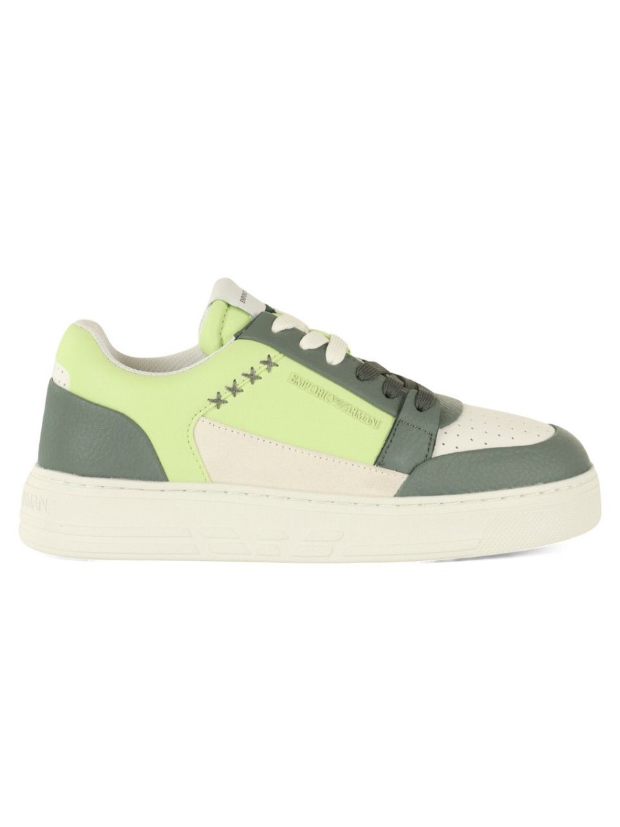 Donna EMPORIO ARMANI | Sneakers In Pelle Ed Ecopelle Con Scritta Logo Verde