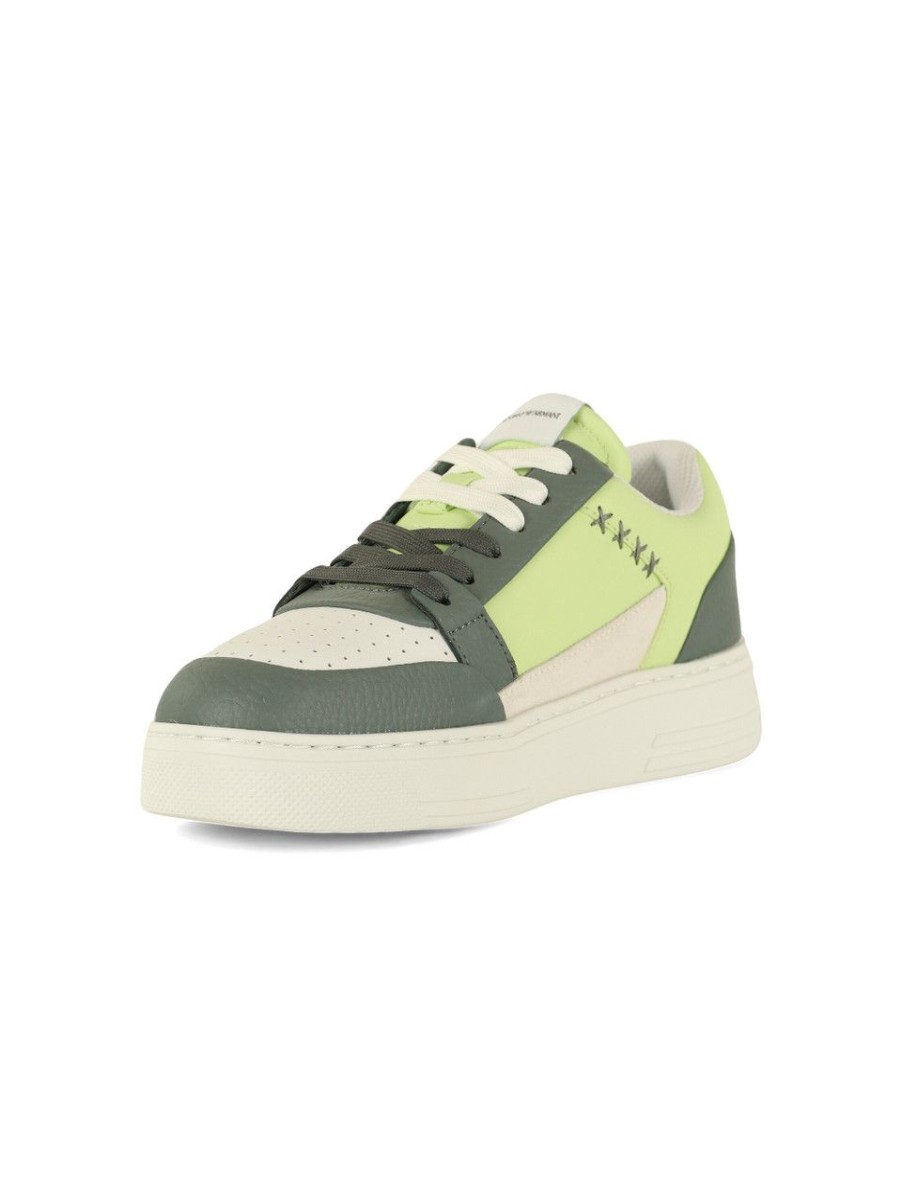 Donna EMPORIO ARMANI | Sneakers In Pelle Ed Ecopelle Con Scritta Logo Verde