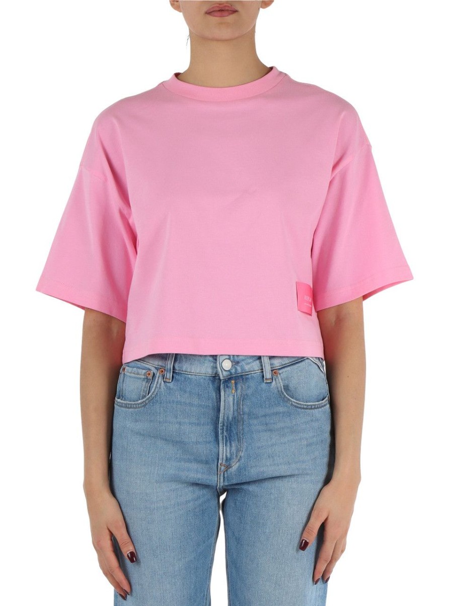 Donna REPLAY | T-Shirt Cropped In Cotone Con Etichetta Logo Rosa