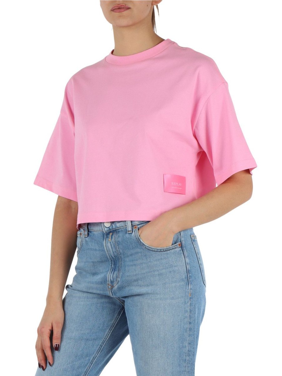 Donna REPLAY | T-Shirt Cropped In Cotone Con Etichetta Logo Rosa