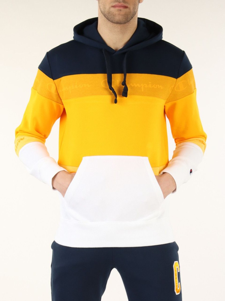 Uomo CHAMPION | Felpa Color Block In Misto Cotone Con Cappuccio Giallo