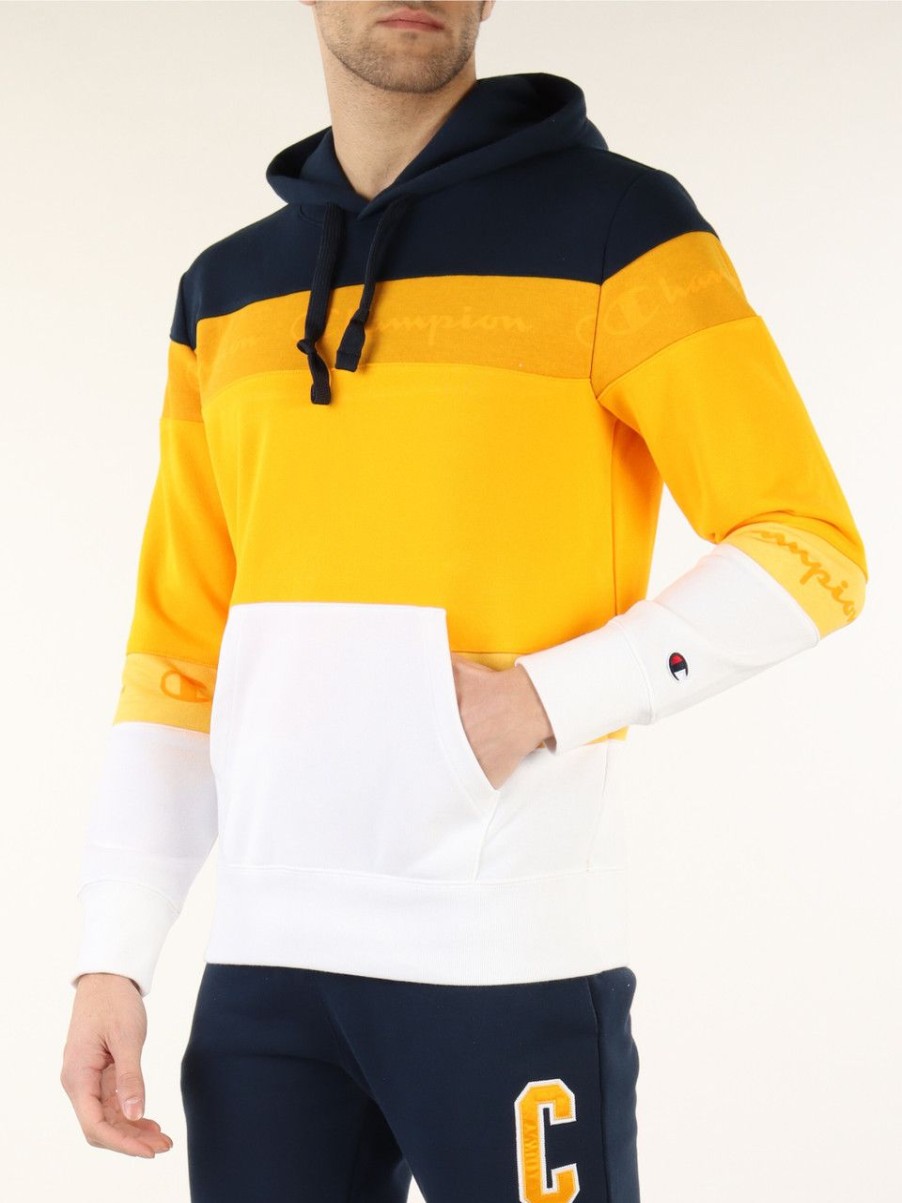 Uomo CHAMPION | Felpa Color Block In Misto Cotone Con Cappuccio Giallo