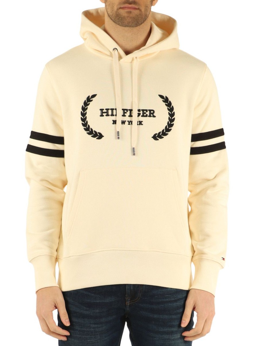 Uomo TOMMY HILFIGER | Felpa Con Cappuccio Con Ricamo Logo Panna