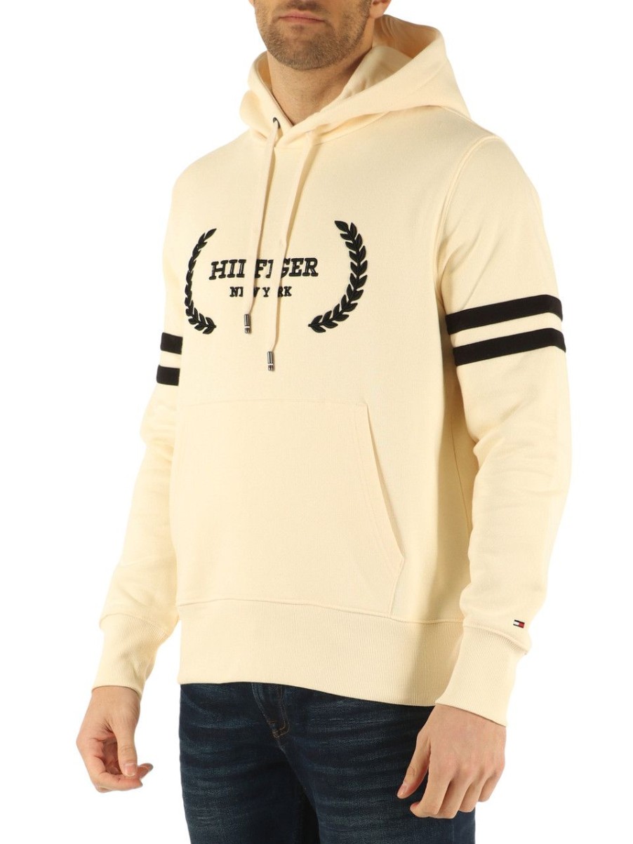 Uomo TOMMY HILFIGER | Felpa Con Cappuccio Con Ricamo Logo Panna