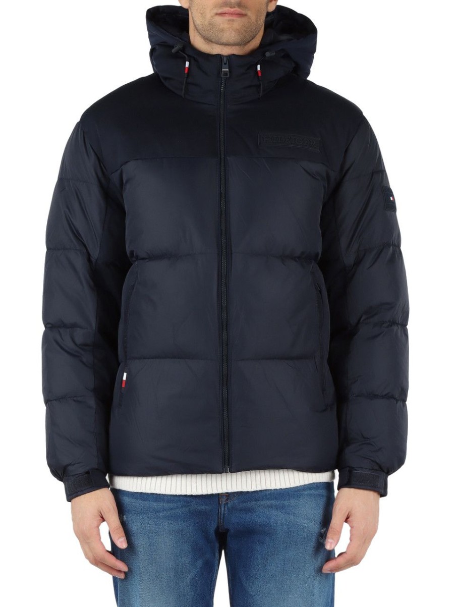 Uomo TOMMY HILFIGER | Giubbotto Imbottito Con Cappuccio E Patch Logo Blu Scuro