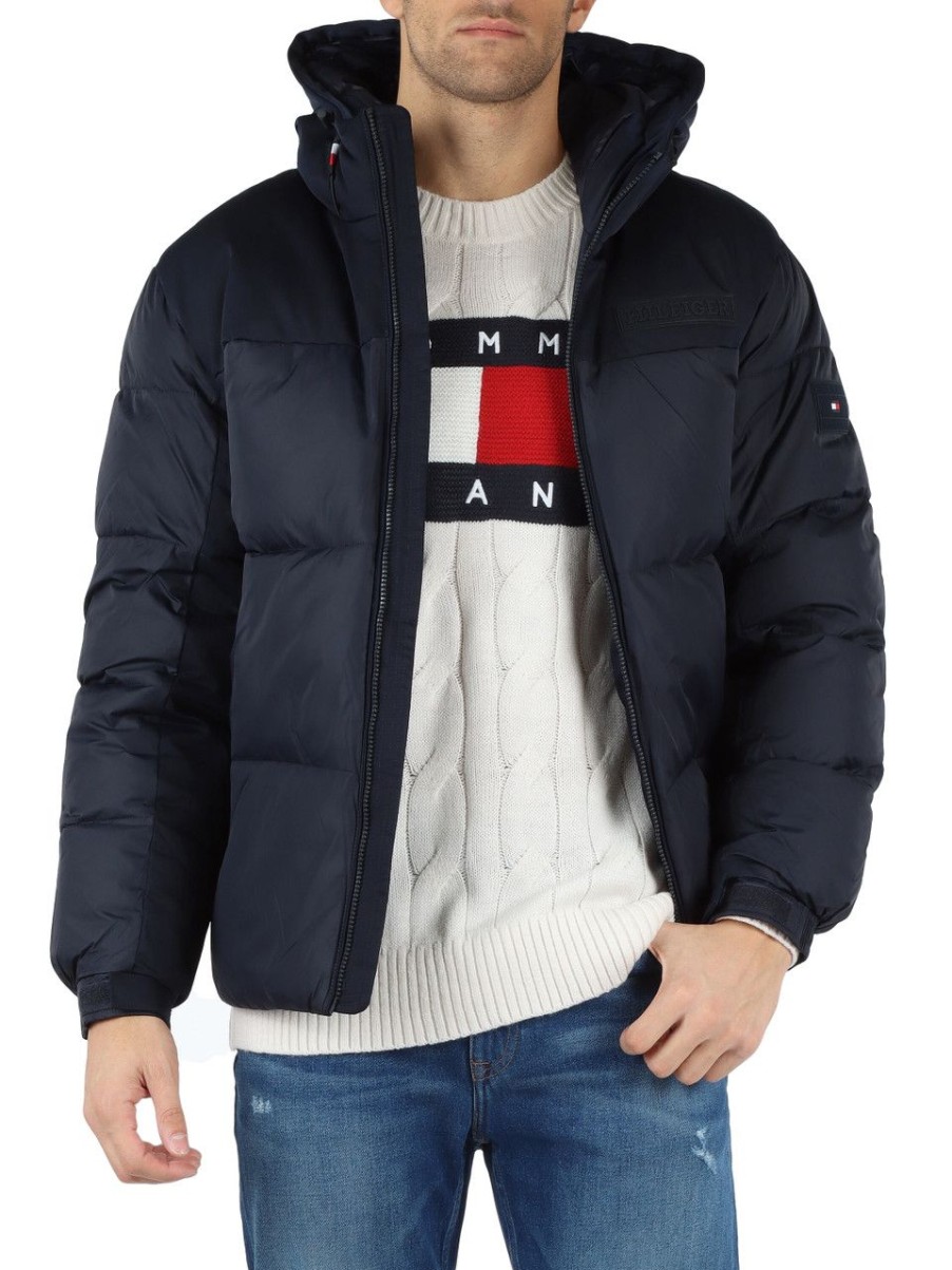 Uomo TOMMY HILFIGER | Giubbotto Imbottito Con Cappuccio E Patch Logo Blu Scuro