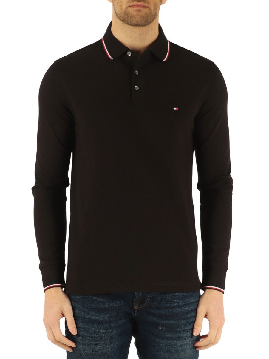 Uomo TOMMY HILFIGER | Polo Slim Fit A Maniche Lunghe In Cotone Piquet Stretch Nero