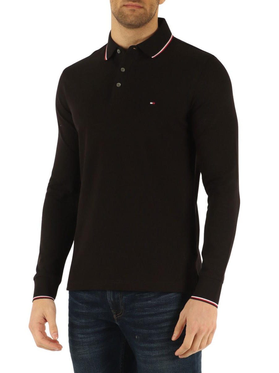 Uomo TOMMY HILFIGER | Polo Slim Fit A Maniche Lunghe In Cotone Piquet Stretch Nero