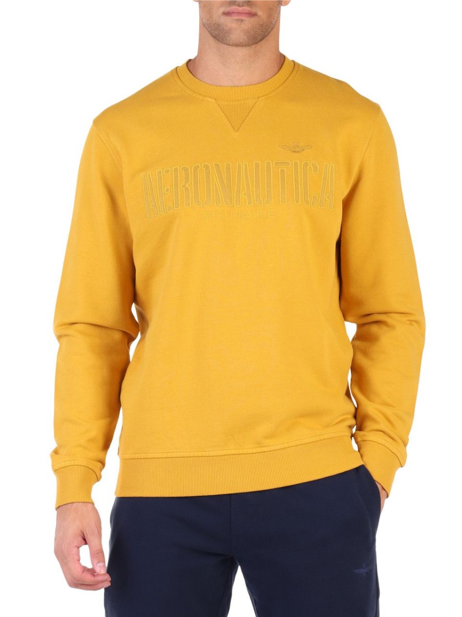 Uomo AERONAUTICA MILITARE | Felpa Comfort Fit In Cotone Garzato Con Ricamo Logo Giallo Scuro