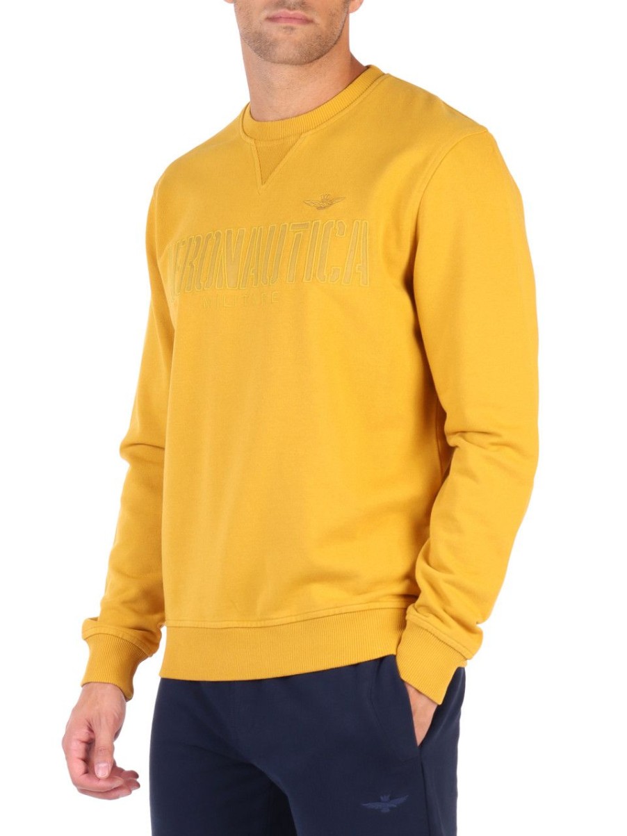 Uomo AERONAUTICA MILITARE | Felpa Comfort Fit In Cotone Garzato Con Ricamo Logo Giallo Scuro