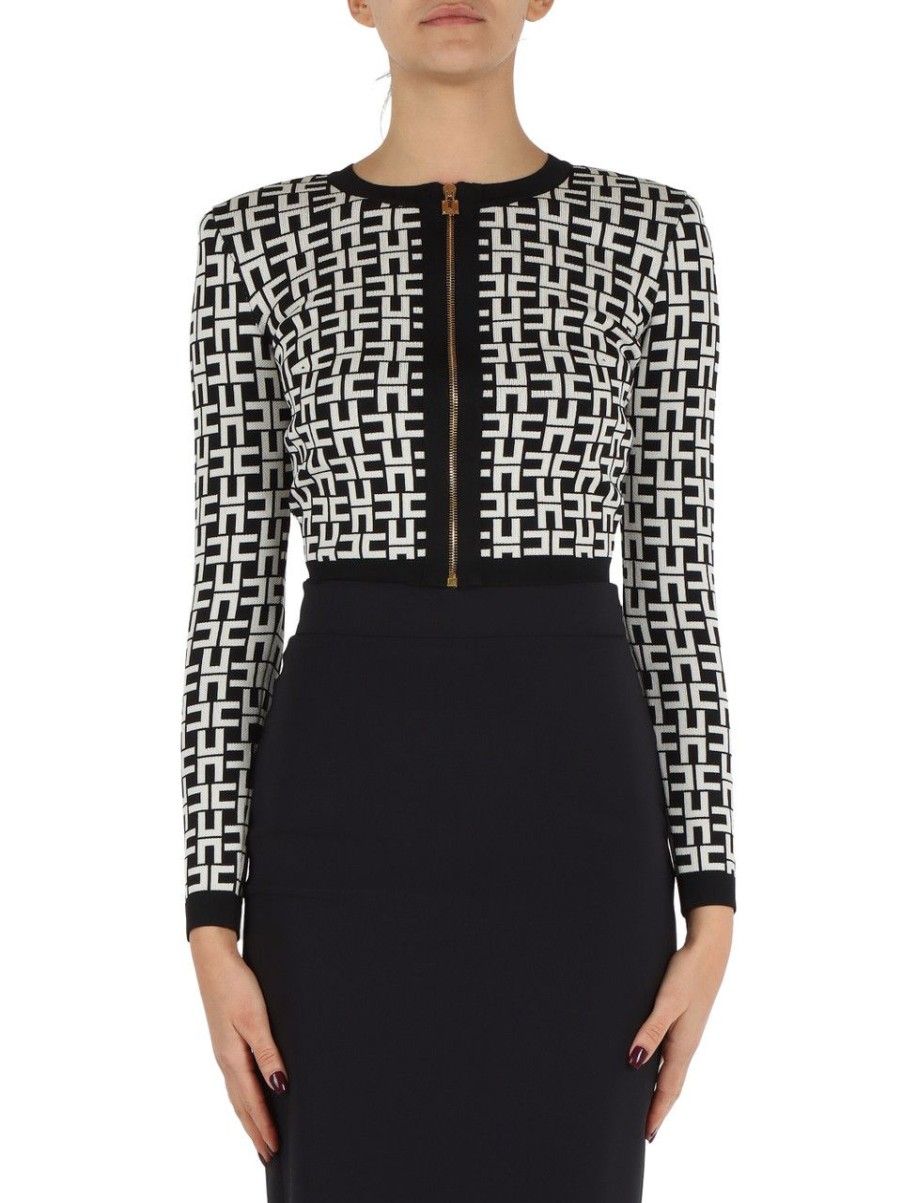 Donna ELISABETTA FRANCHI | Cardigan Cropped Jacquard Bianco/Nero