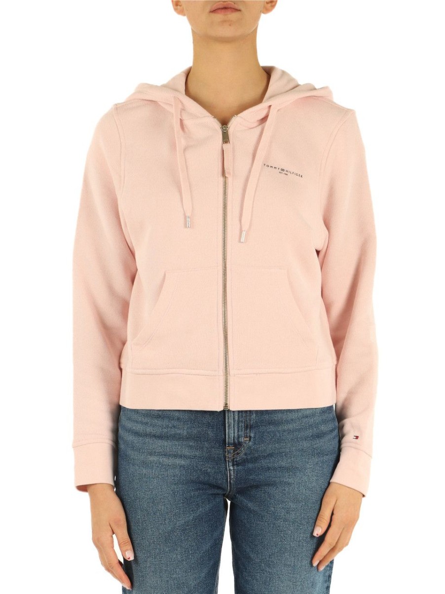 Donna TOMMY HILFIGER | Felpa Con Zip In Misto Cotone Garzato Rosa