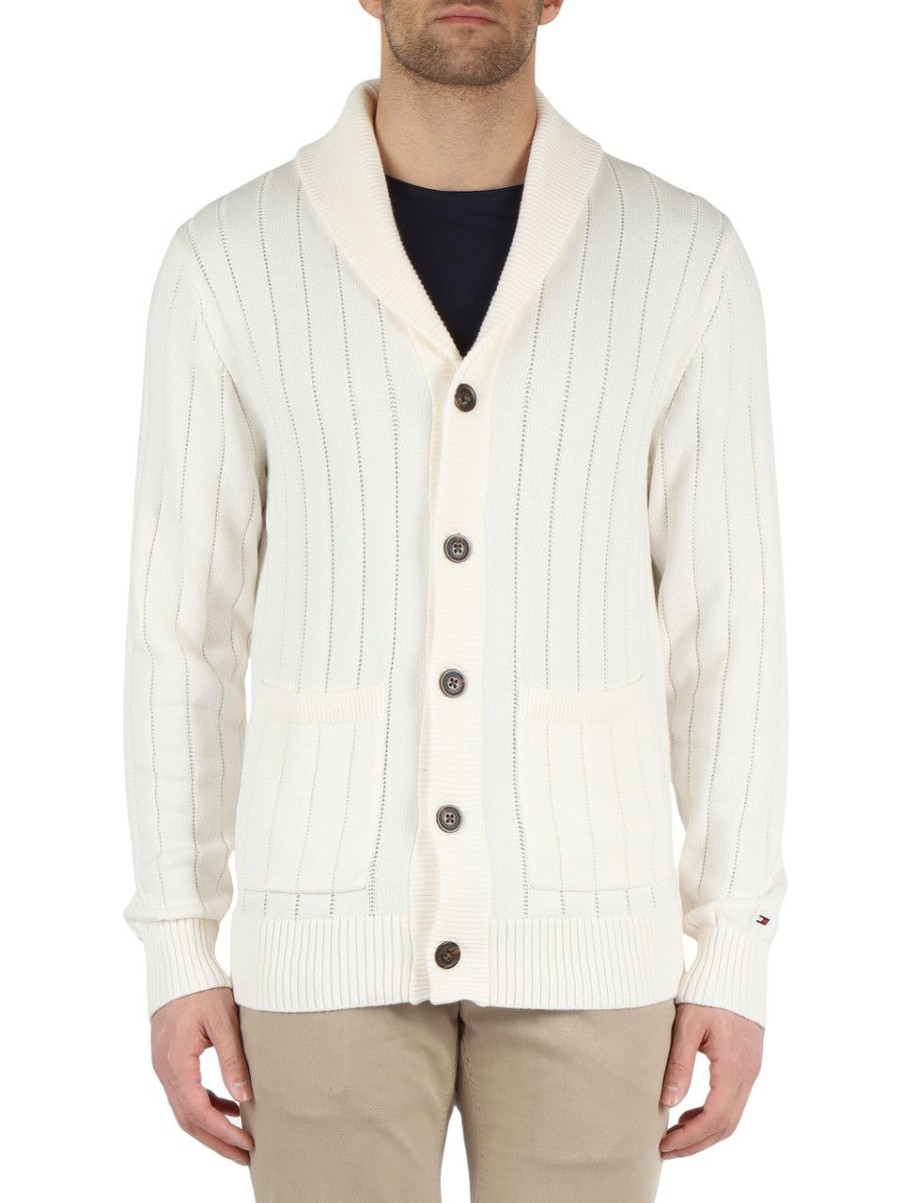 Uomo TOMMY HILFIGER | Cardigan In Cotone Con Revers A Scialle Panna