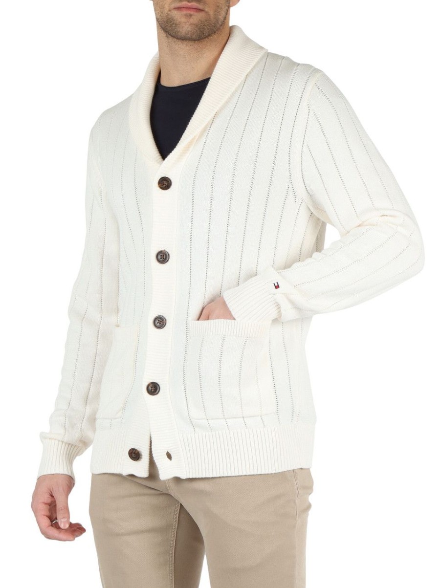 Uomo TOMMY HILFIGER | Cardigan In Cotone Con Revers A Scialle Panna