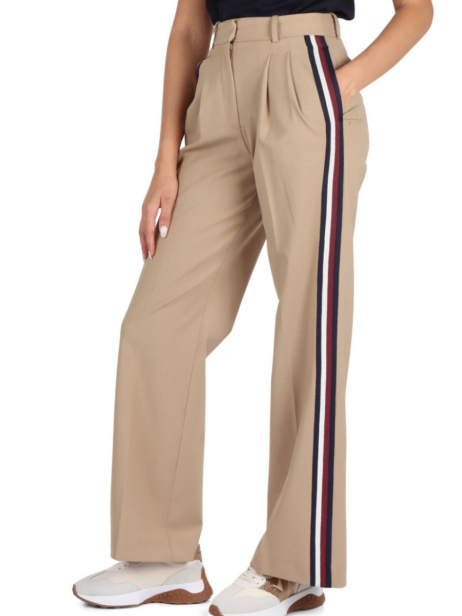 Donna TOMMY HILFIGER | Pantalone Gamba Larga In Misto Lana Beige