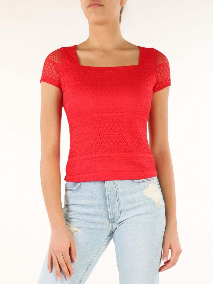 Donna GUESS | Top In Pizzo Con Collo Quadrato Rosso