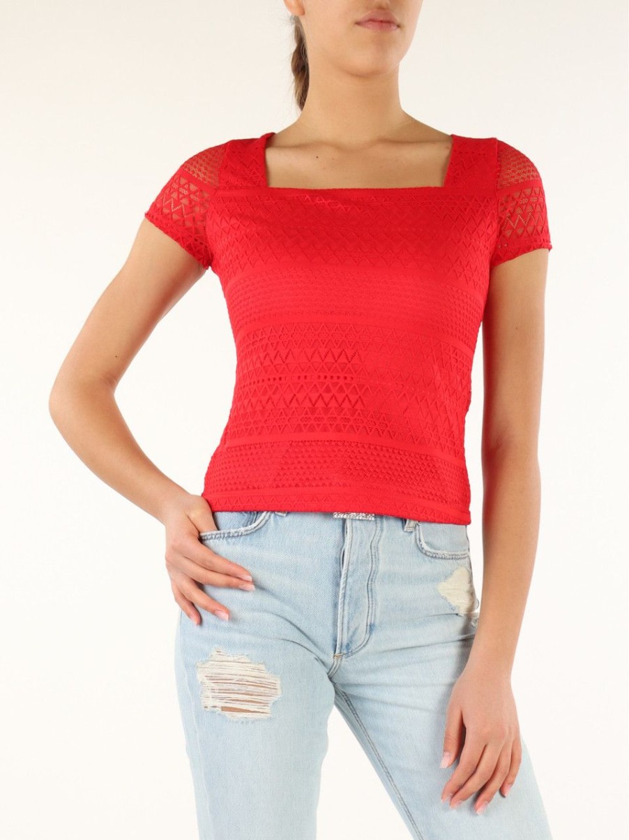 Donna GUESS | Top In Pizzo Con Collo Quadrato Rosso