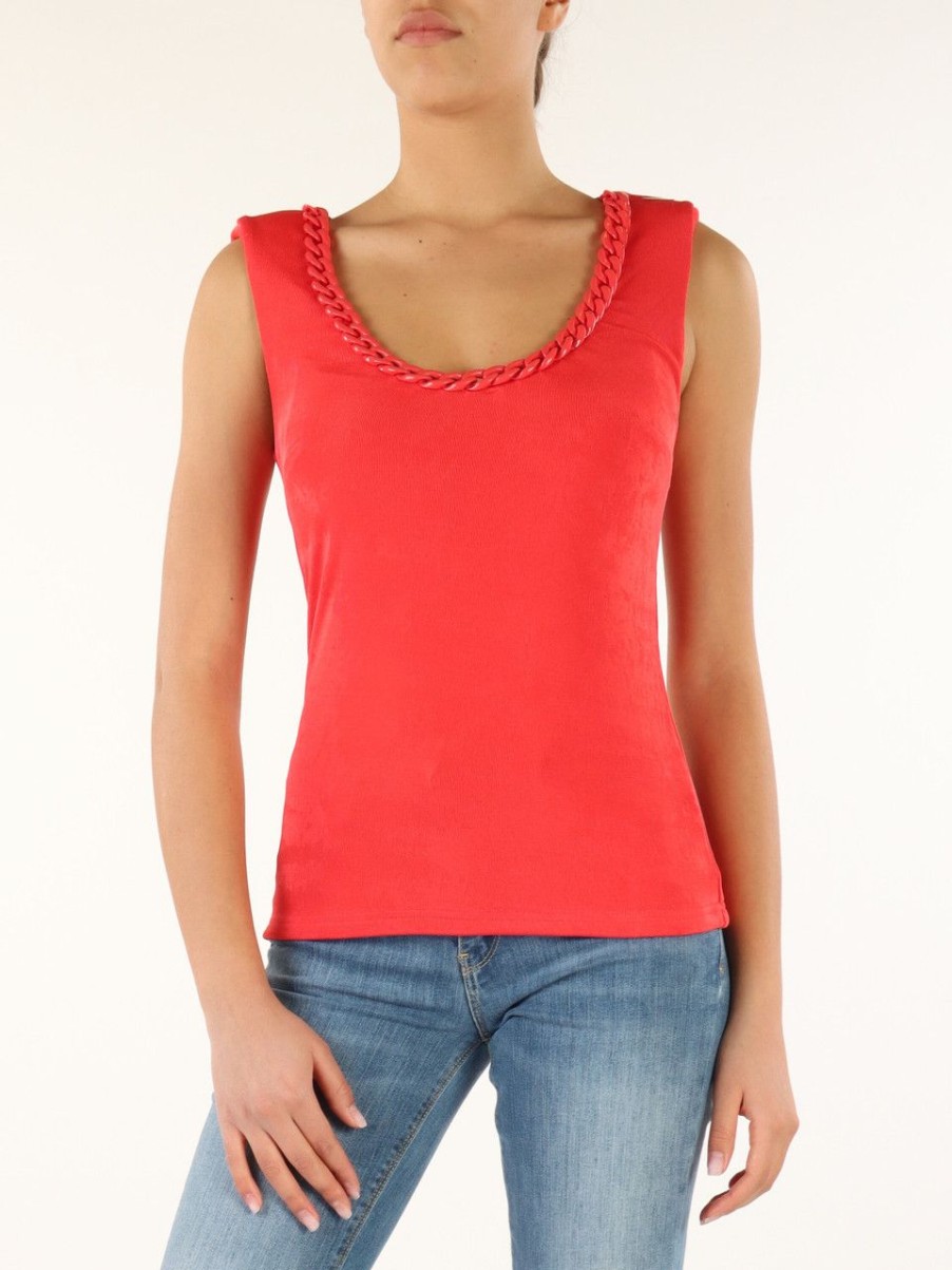 Donna MARCIANO GUESS | Top In Tessuto Stretch Con Catena Decorativa Rosso Chiaro