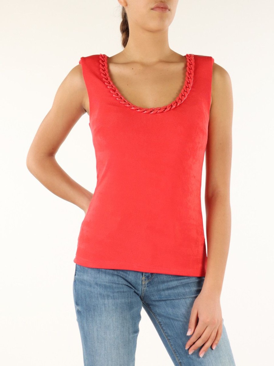 Donna MARCIANO GUESS | Top In Tessuto Stretch Con Catena Decorativa Rosso Chiaro