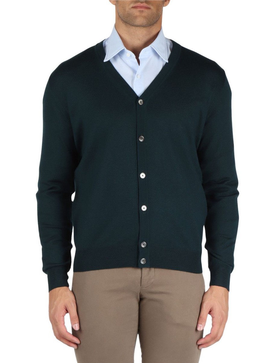 Uomo FAMA | Luxury: Cardigan In Lana Vergine Merino Extrafine Verde Scuro