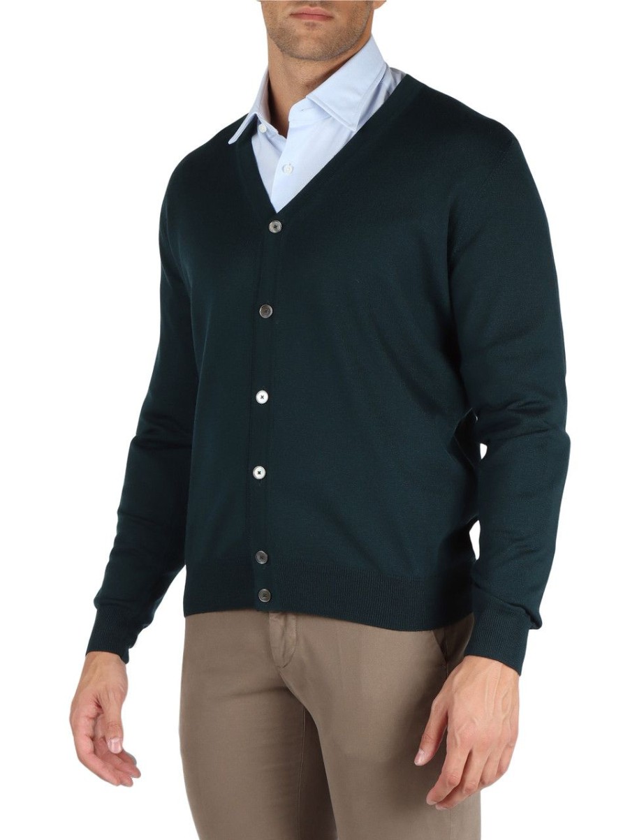 Uomo FAMA | Luxury: Cardigan In Lana Vergine Merino Extrafine Verde Scuro